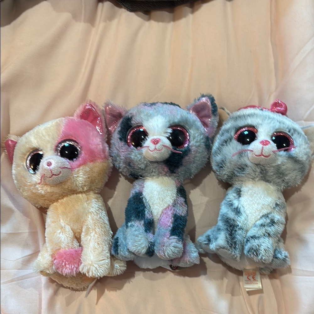 Ty Stuffed Animals Trio - Pink, Blue, Gray Cats
